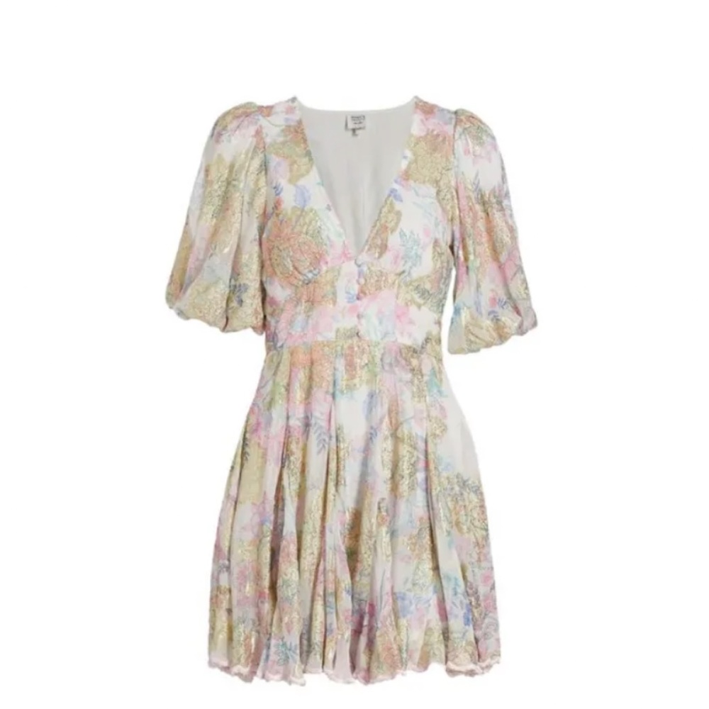 Hemant And Nandita Metallic Floral Puff-Sleeve Minidress in White